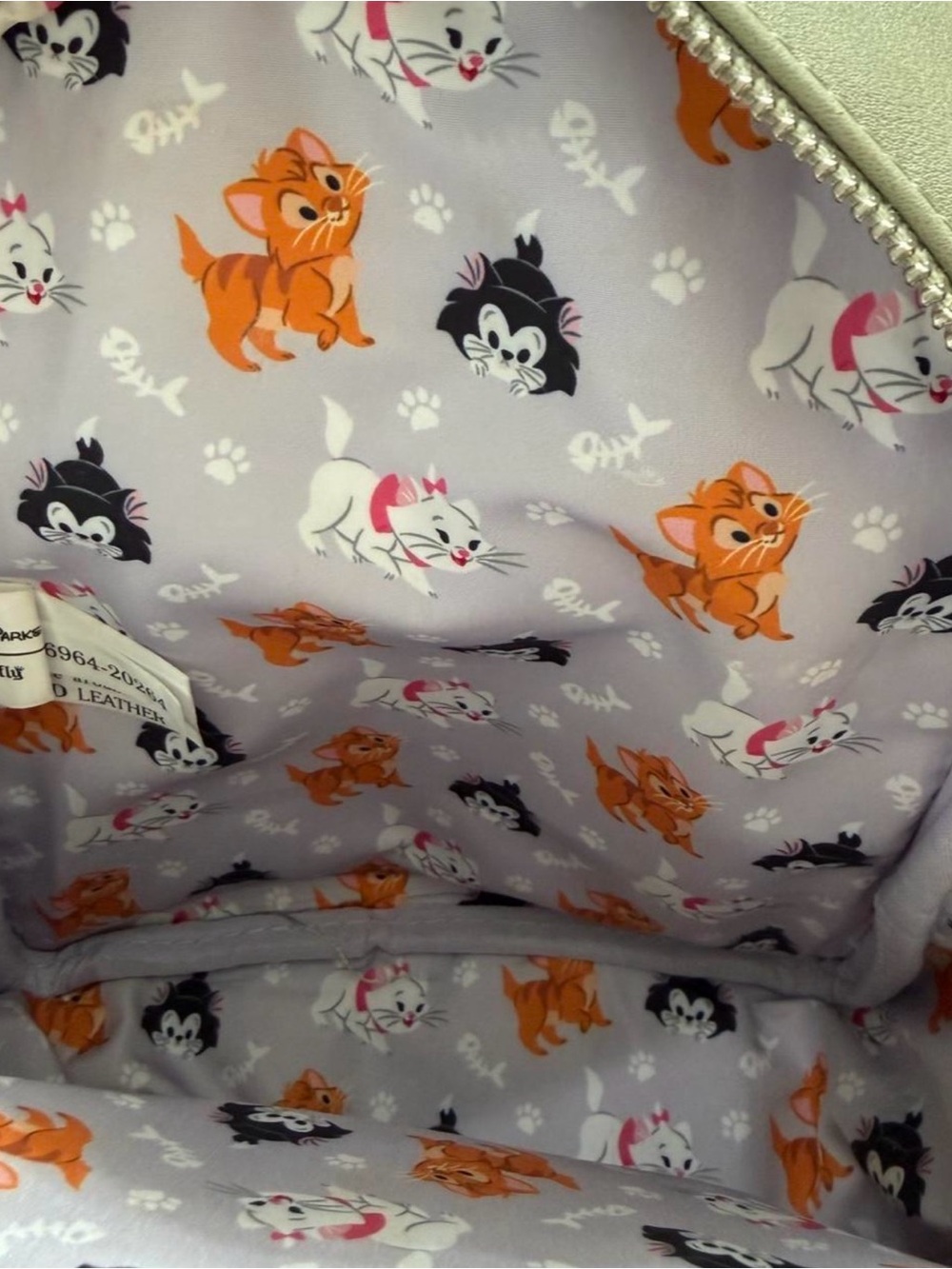 Loungefly Cat Pattern Interior Lining in Orange, Black, White, Pink on Lavender